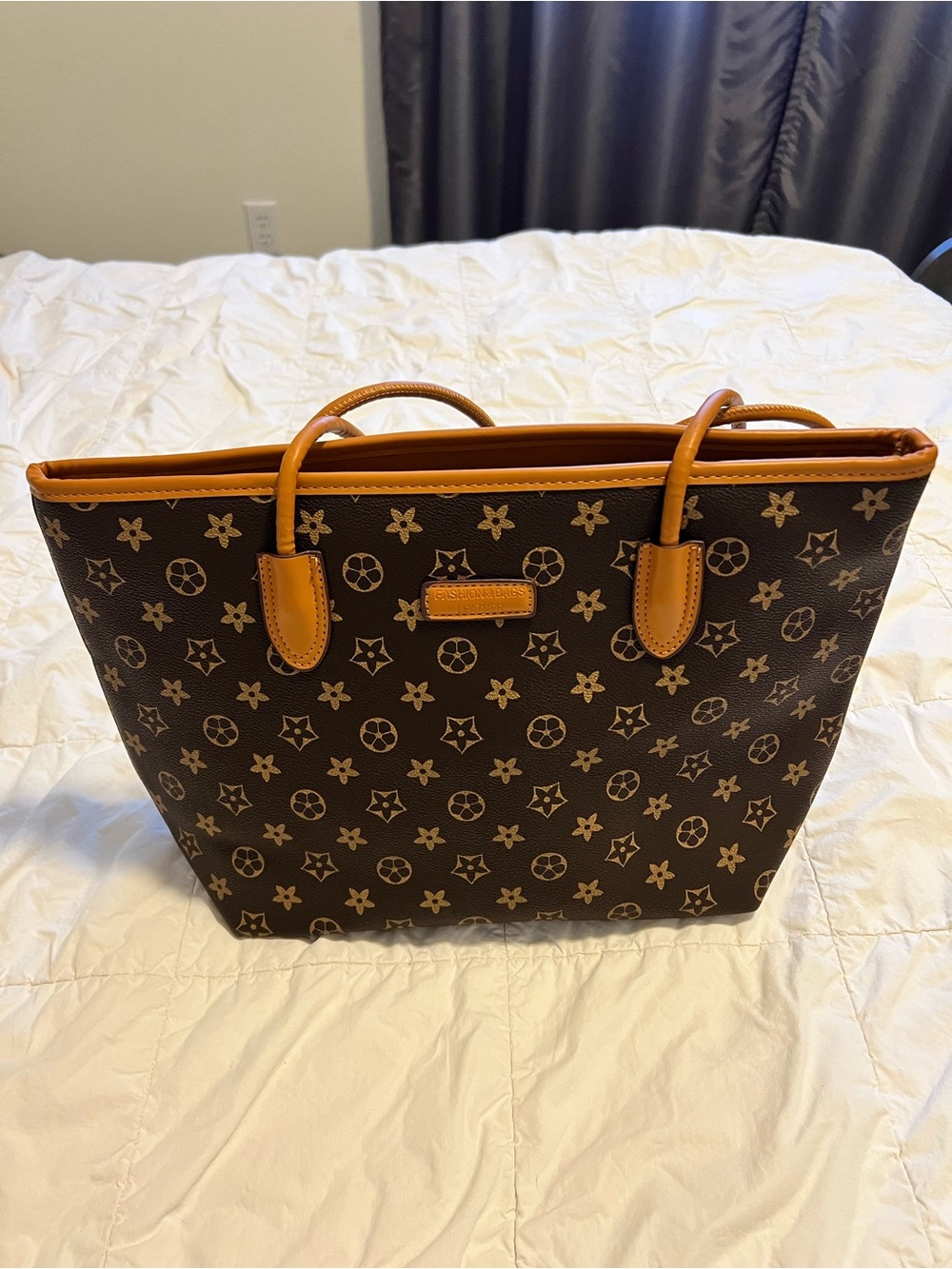 Brown Monogram Tote with Tan Trim and Handles